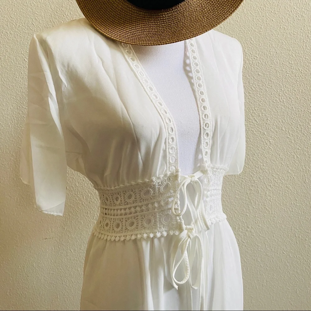 Boho beach dress coverup white crochet kimono top - Picture 5 of 7